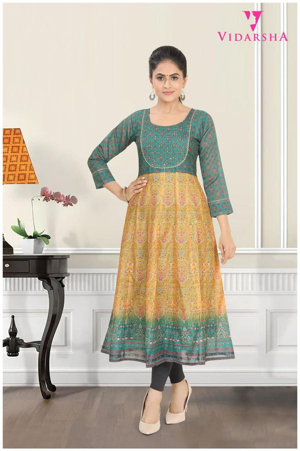 Women 3/4 Soft Silk Round Neck A-Line Kurti 241019