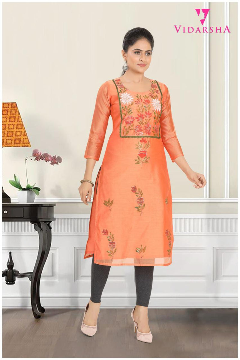 Women 3/4 Soft Silk Round Neck A-Line Kurti 241021