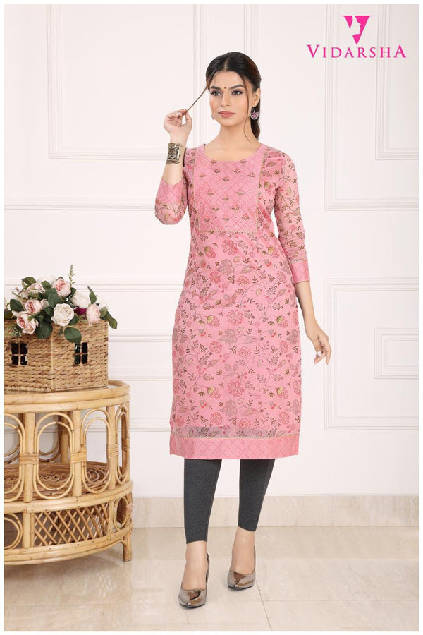 Women 3/4 Soft Silk Round Neck A-Line Kurti 241023