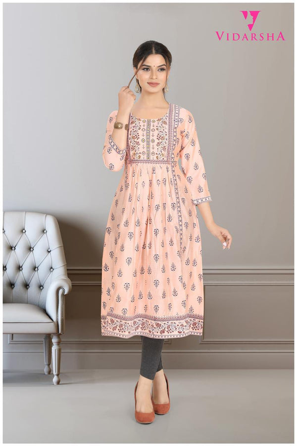 Women 3/4 Soft Silk Round Neck A-Line Kurti 241025