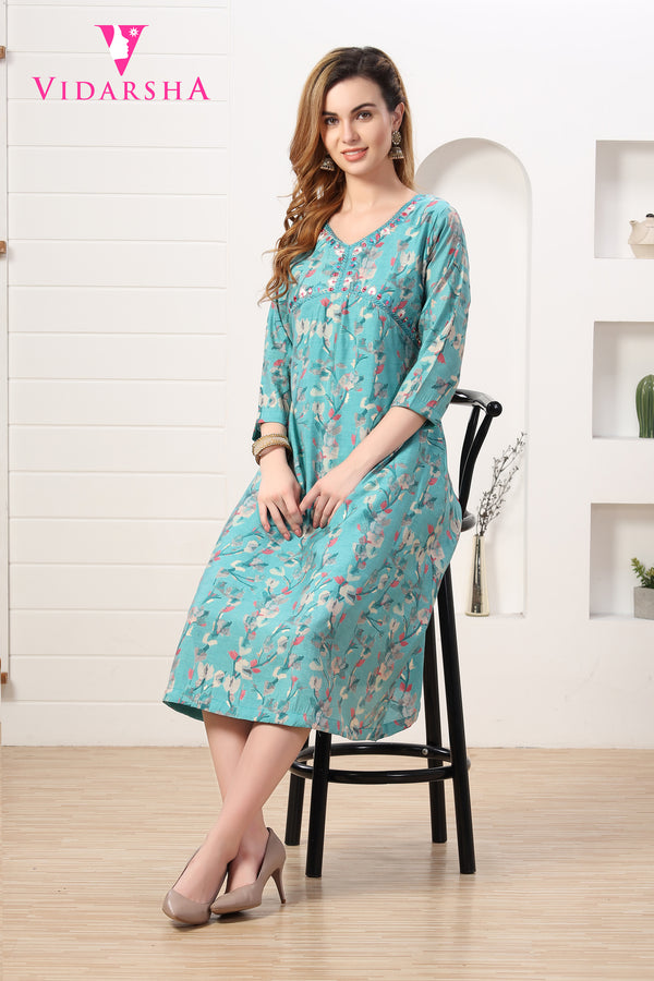 Embroidered ready made Alia cut with Printed Anarkali - Light Green 3496