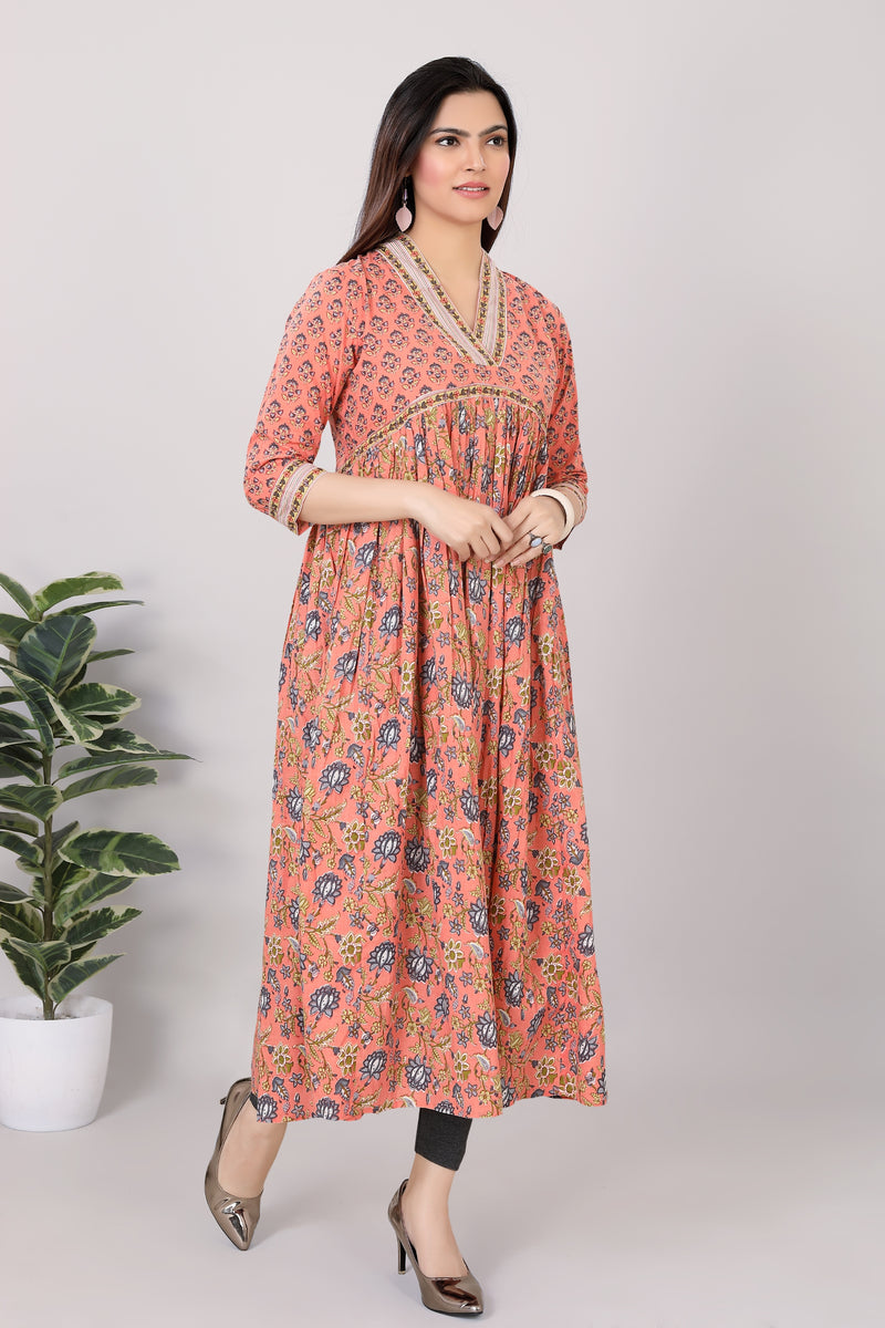 Womens Jaipur Soft Cotton Printed V-Neck Alia Cut Anarkali - 3605