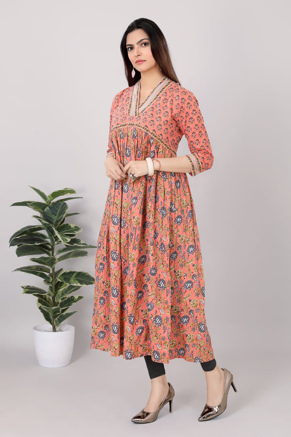 Womens Jaipur Soft Cotton Printed V-Neck Alia Cut Anarkali - 3605