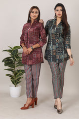 2 Piece Summer Outfits, Co-ord Set with Pant & Tunic Top,3/4 Sleeves Indian Co-ord Set - 3658 Maroon