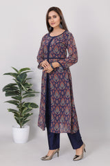 Womens Printed straight Georgette Kurti Pant Set - 3720