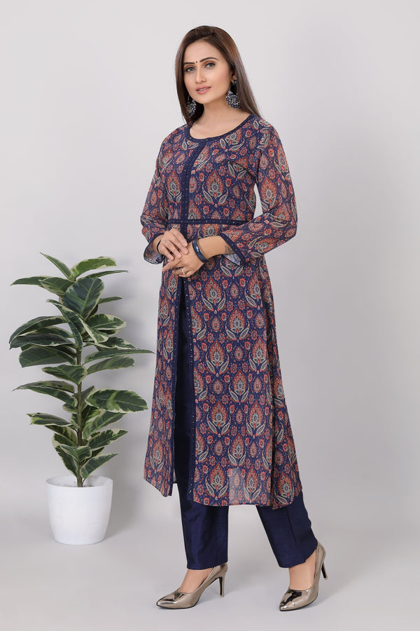 Womens Printed straight Georgette Kurti Pant Set - 3720