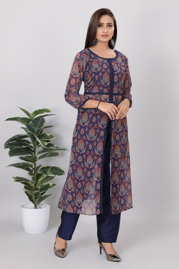 Womens Printed straight Georgette Kurti Pant Set - 3720