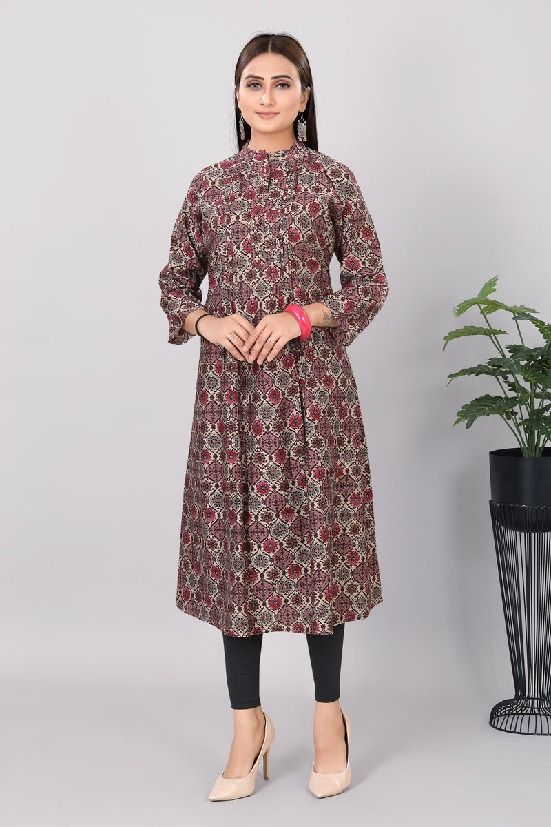 Womens Printed Modol Chanderi Straight Kurti Pink - 3733