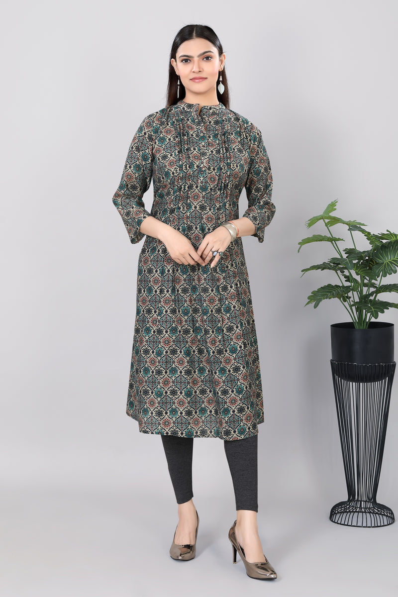 Womens Printed Modol Chanderi Straight Kurti Blue - 3733