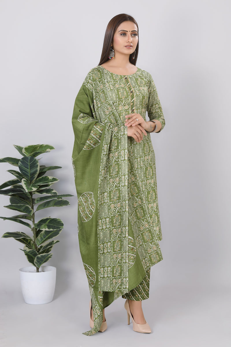 Womens Printed Viscose Rayon Straight Kurti  3-Piece Set Green Color - 3745