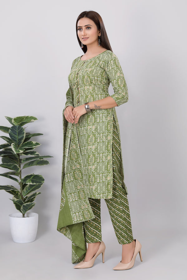 Womens Printed Viscose Rayon Straight Kurti  3-Piece Set Green Color - 3745