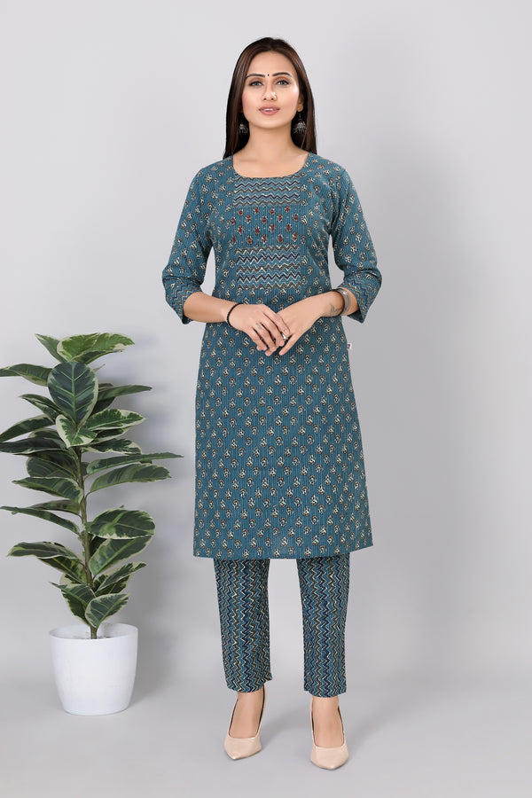 Womens Printed Jaquard Cotton Straight Kurti Pant Set Green Color - 3757