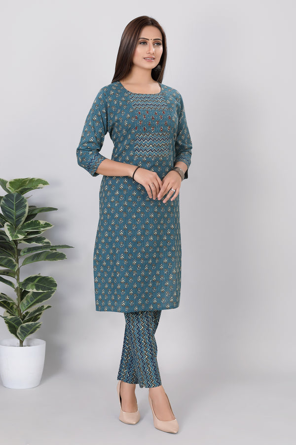 Womens Printed Jaquard Cotton Straight Kurti Pant Set Green Color - 3757