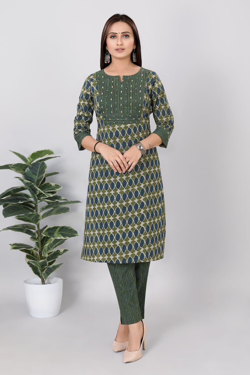 Womens Printed Cotton Straight Kurti Pant Set Green Color - 3758