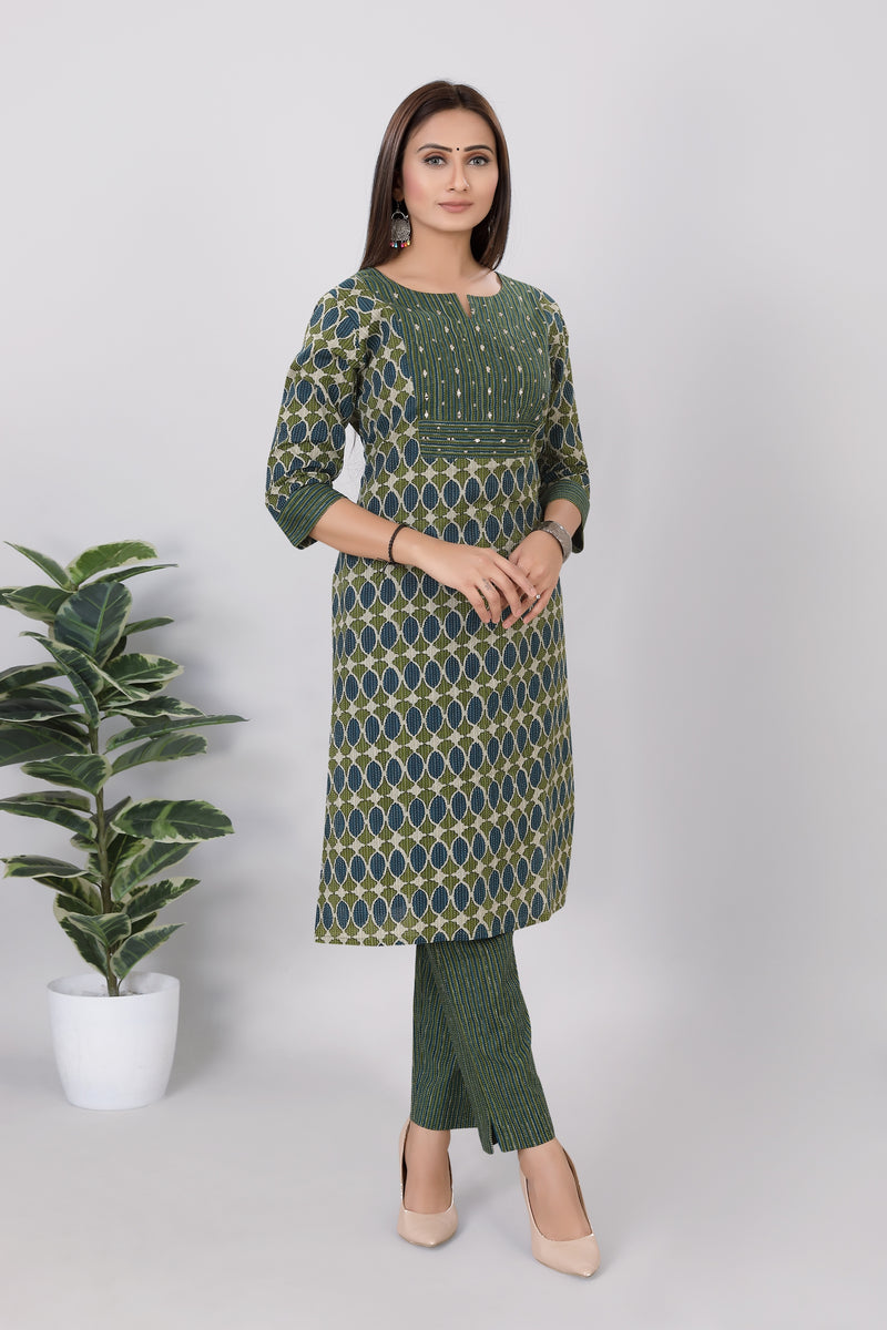 Womens Printed Cotton Straight Kurti Pant Set Green Color - 3758