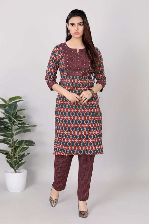 Womens Printed Cotton Straight Kurti Pant Set Red Color - 3758