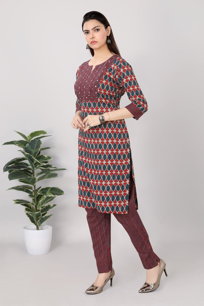 Womens Printed Cotton Straight Kurti Pant Set Red Color - 3758