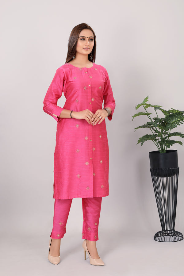 Womens Pink Color Straight Soft Silk with Embroidery Kurti 2-Piece Set - 3760