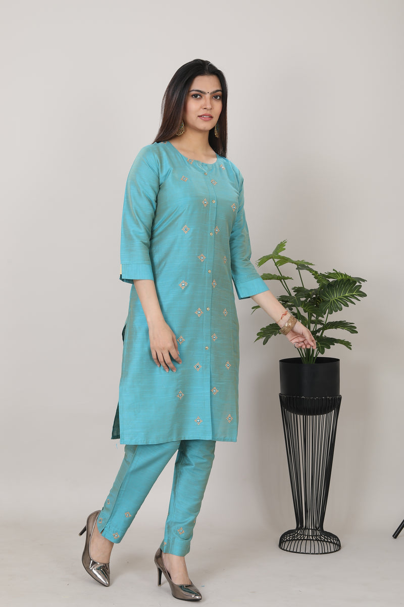 Womens Cyan and PinkColor Straight Kurti 2-Piece Set - 3760