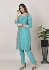 Womens Cyan and PinkColor Straight Kurti 2-Piece Set - 3760