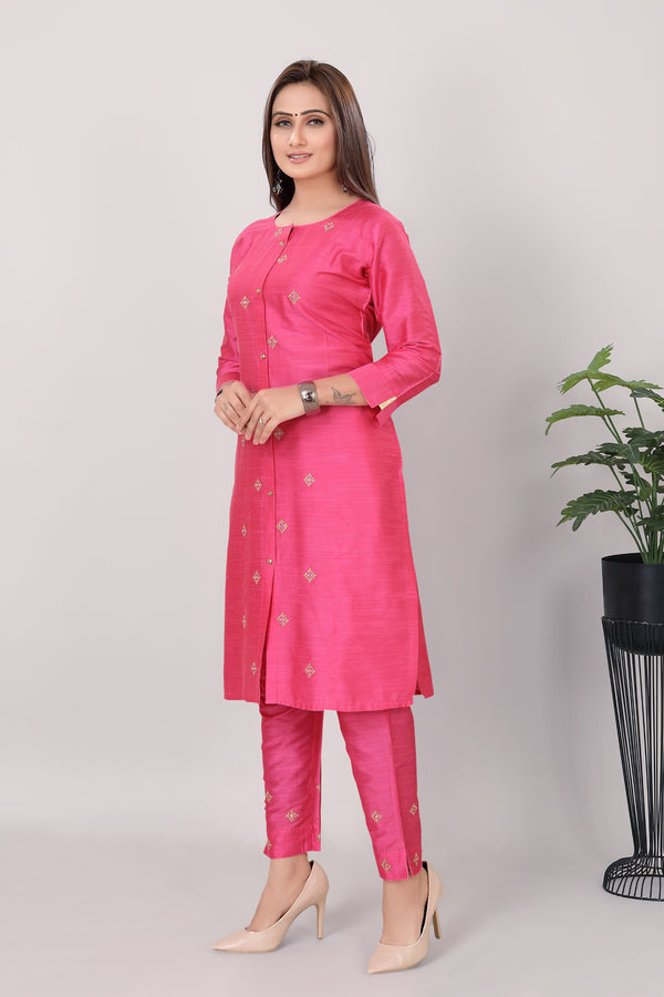 Womens Pink Color Straight Soft Silk with Embroidery Kurti 2-Piece Set - 3760