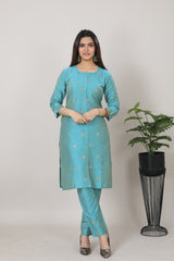 Womens Cyan and PinkColor Straight Kurti 2-Piece Set - 3760