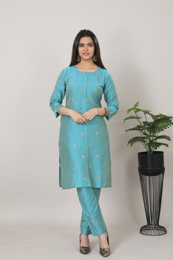 Womens Cyan and PinkColor Straight Kurti 2-Piece Set - 3760