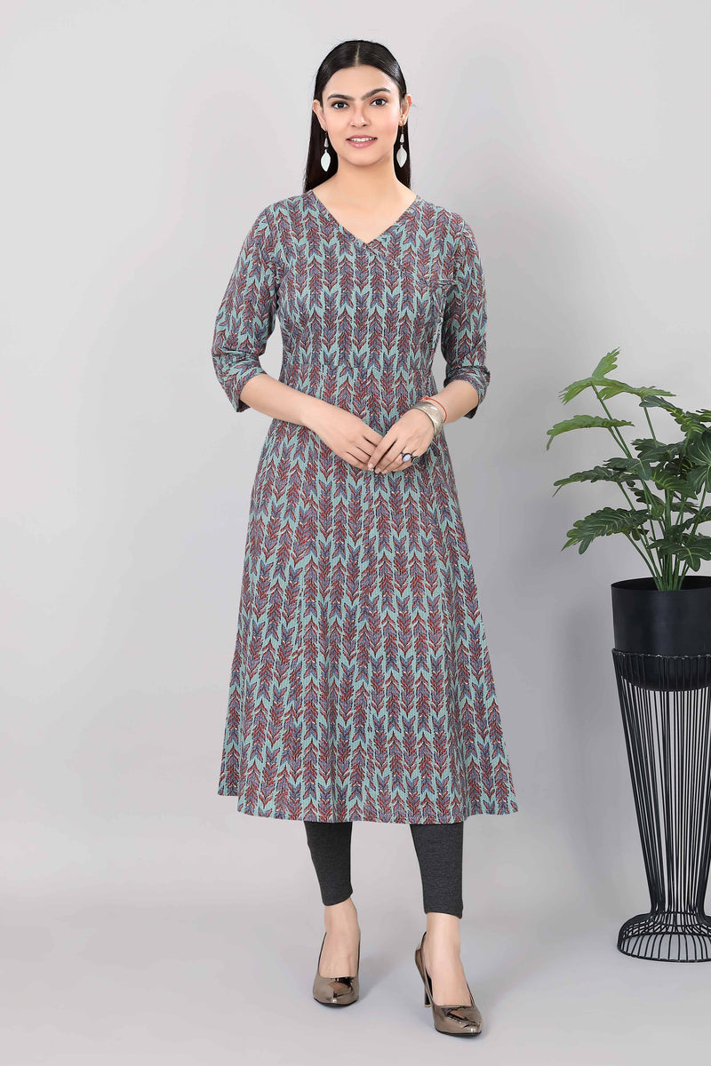 Womens Ethnic Cotton A Line Jacquard Kurti Blue - 3761