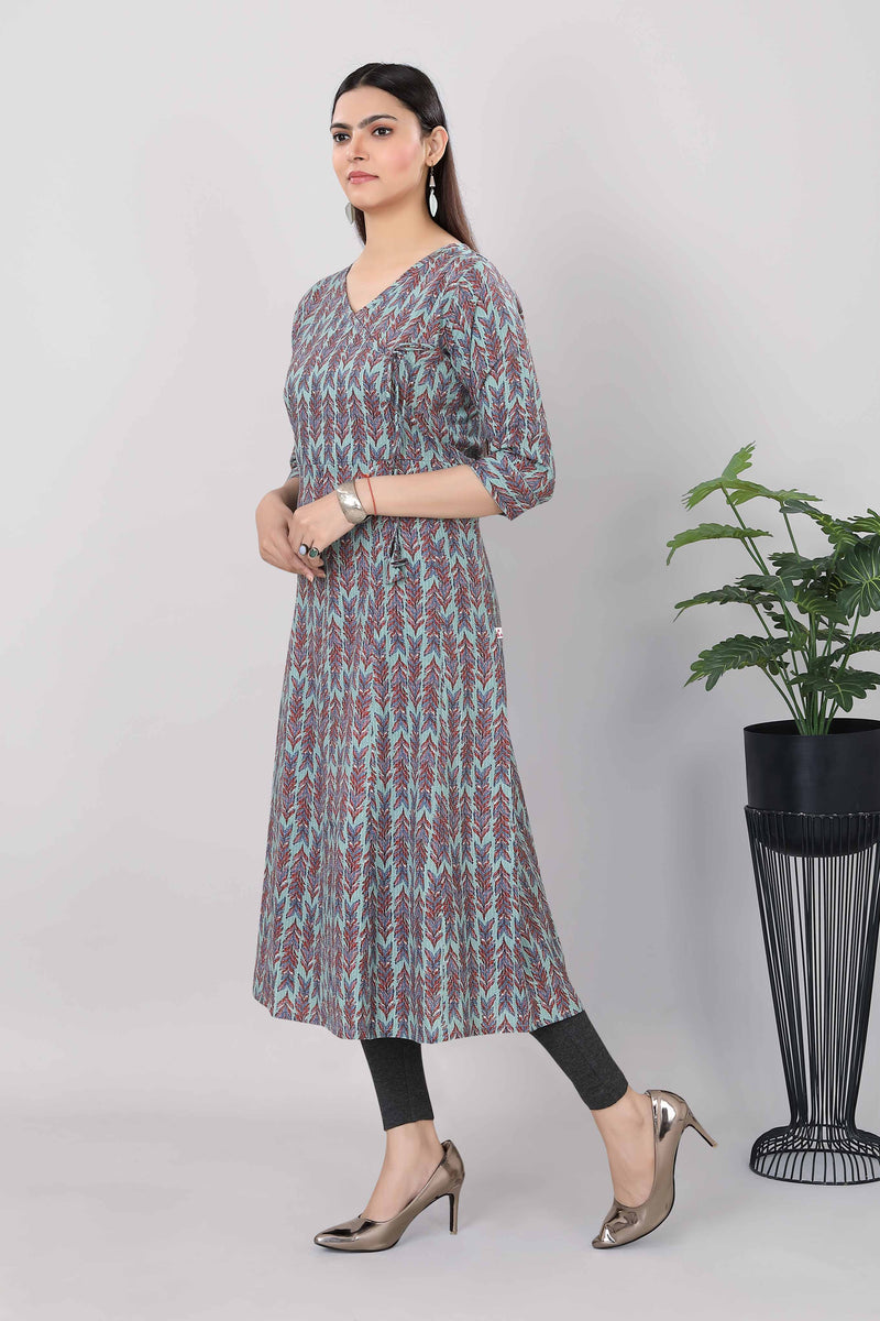 Womens Ethnic Cotton A Line Jacquard Kurti Blue - 3761