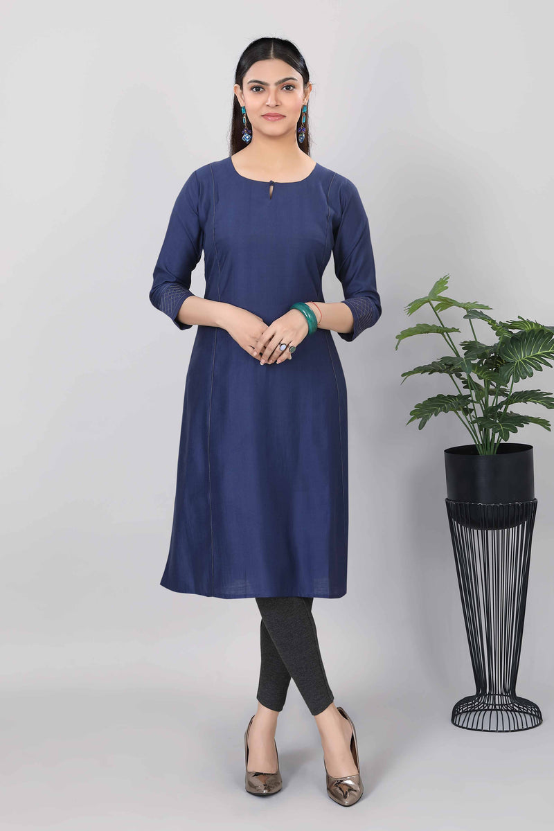 Womens Ethnic imported Silk  Straight Kurtis Blue - 3764