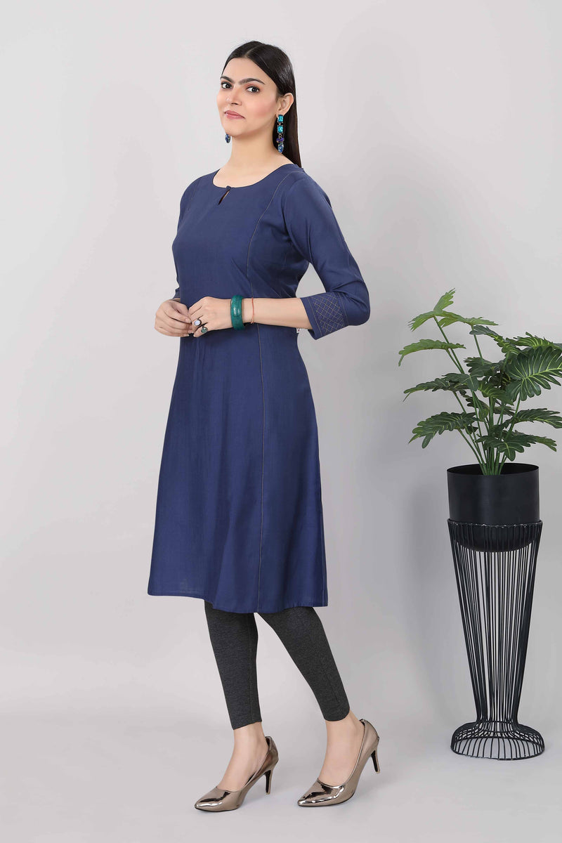 Womens Ethnic imported Silk  Straight Kurtis Blue - 3764