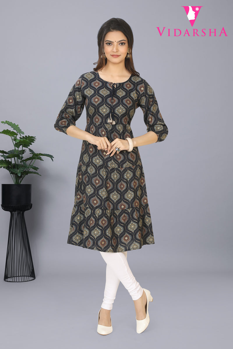 Womens 3/4th Rayon Round Neck A-Line Kurti 3769