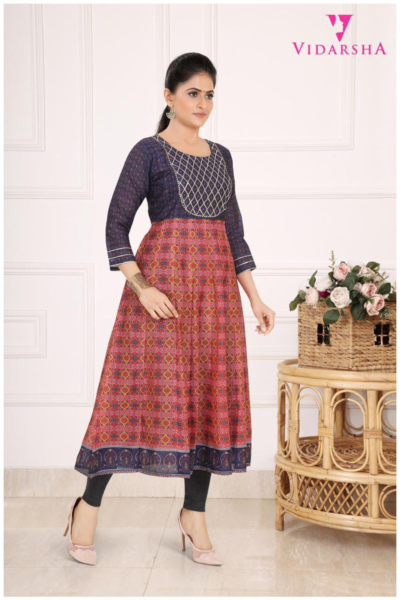 Womens Imported Silk Round Neck A-Line Kurti 3792