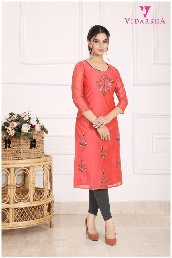 Womens Imported Silk Round Neck A-Line Kurti 3795