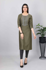 Women Printed Straight Premium Olive Green Kurti 3804