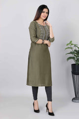 Women Printed Straight Premium Olive Green Kurti 3804