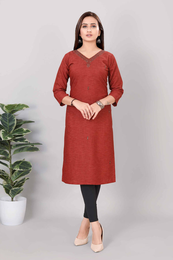 Women Printed Straight Premium Kurti Red 3814