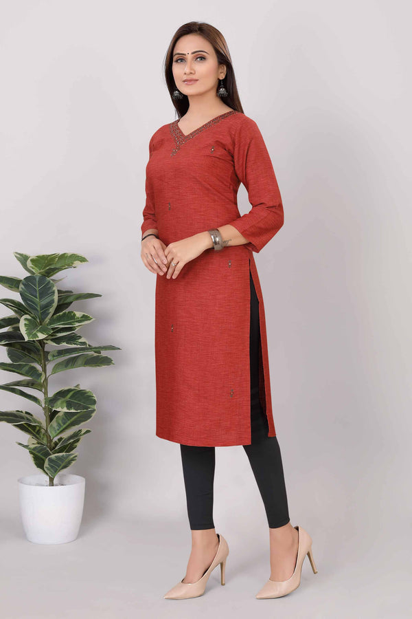 Women Printed Straight Premium Kurti Red 3814