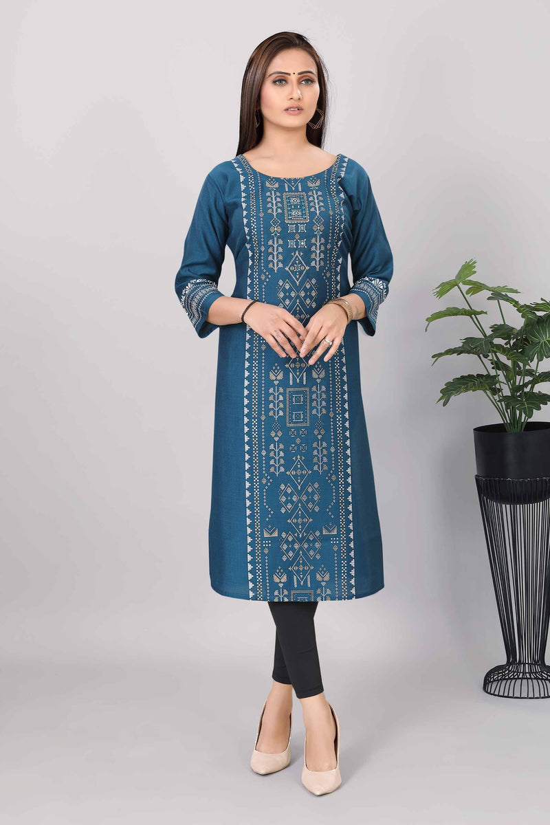 Women Printed Straight Premium Blue Color Kurti 3817