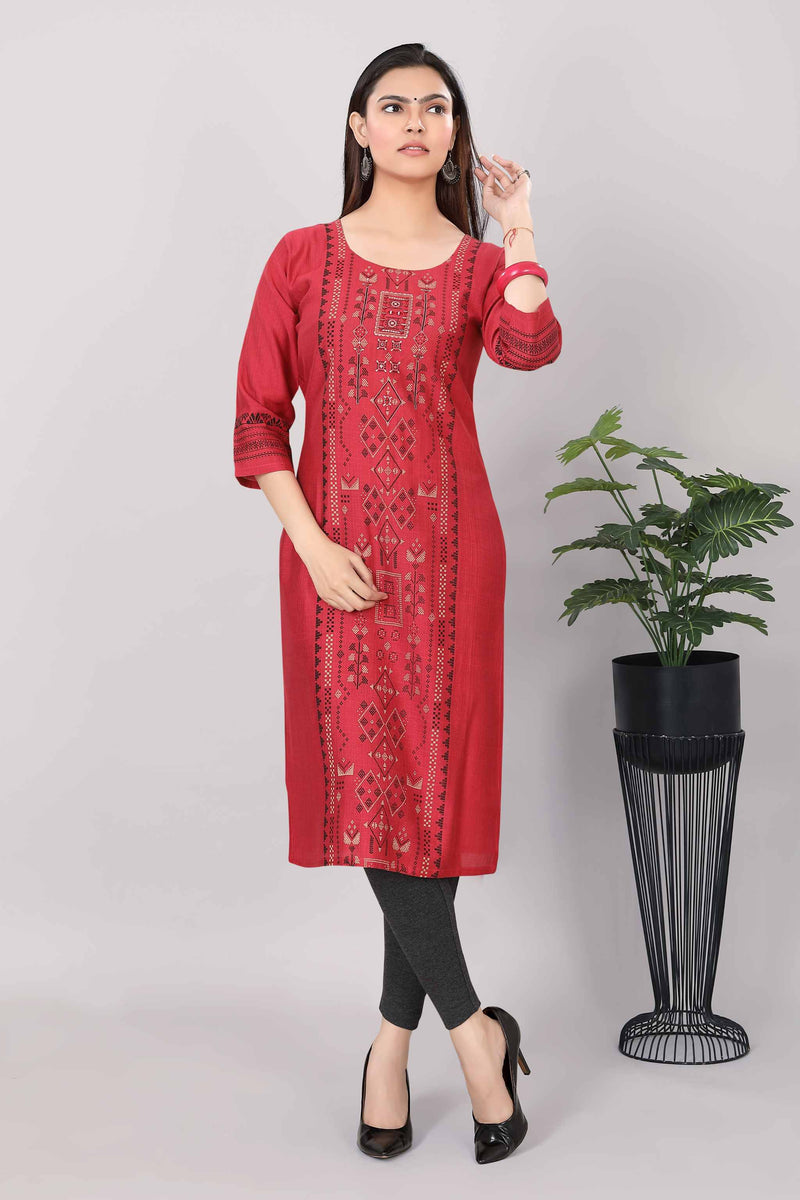 Women Printed Straight Premium Red Color Kurti 3817