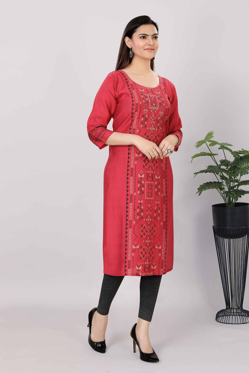 Women Printed Straight Premium Red Color Kurti 3817