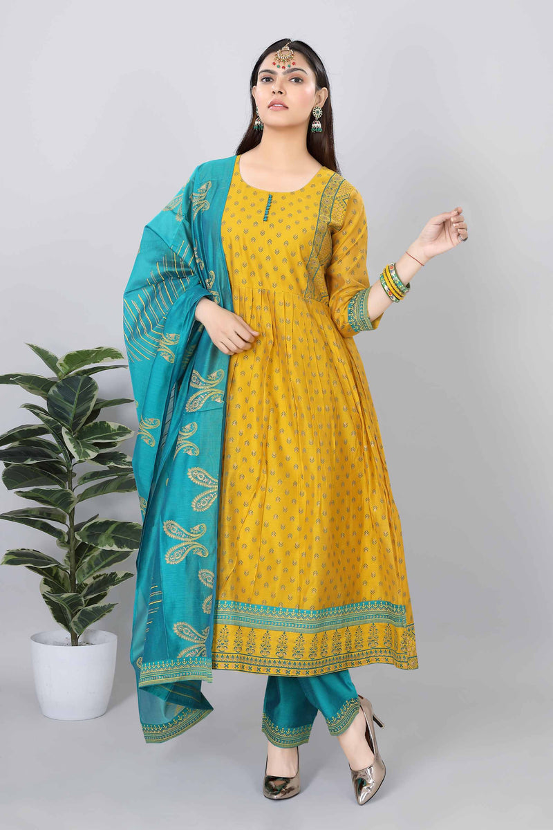 Womens Chenderi Printed Straight Kurti  3-Piece Set Yellow Color - 3831