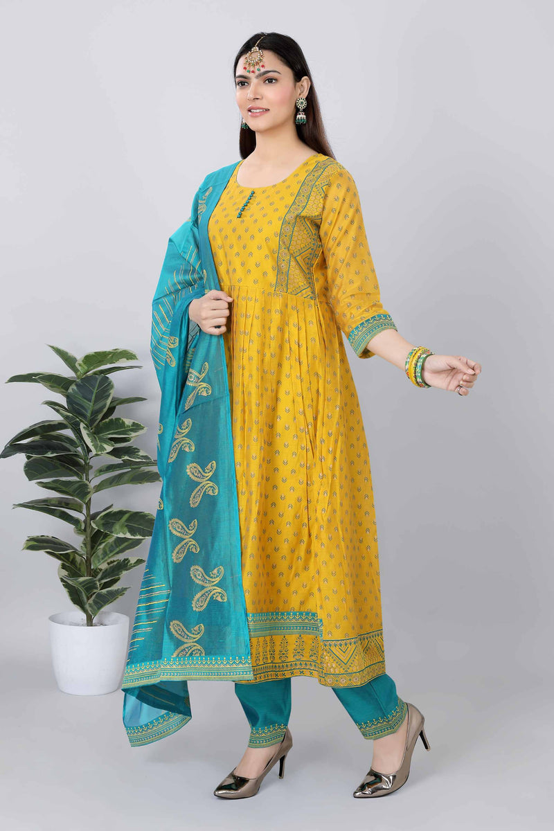 Womens Chenderi Printed Straight Kurti  3-Piece Set Yellow Color - 3831