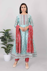 Womens Printed Straight Kurti  3-Piece Set - 3832