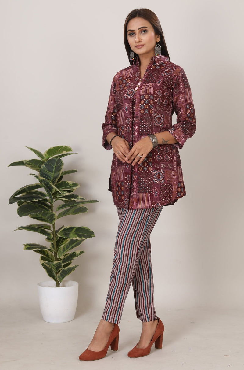 2 Piece Summer Outfits, Co-ord Set with Pant & Tunic Top,3/4 Sleeves Indian Co-ord Set - 3658 Maroon