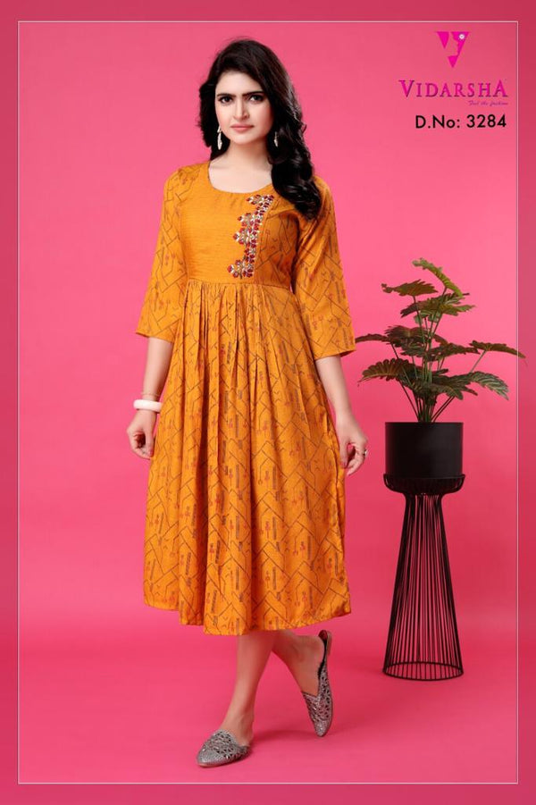 Women's Golden Yellow Cotton A-Line Kurti 3284