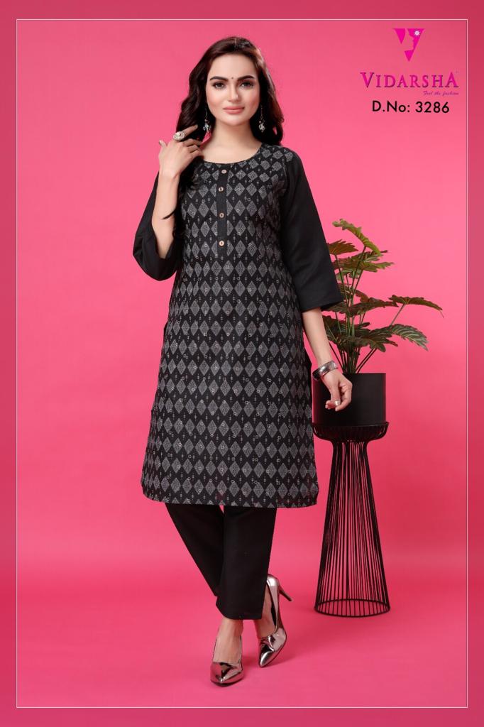 Women's Black Color Cotton Straight Kurti Set with Trouser 3286