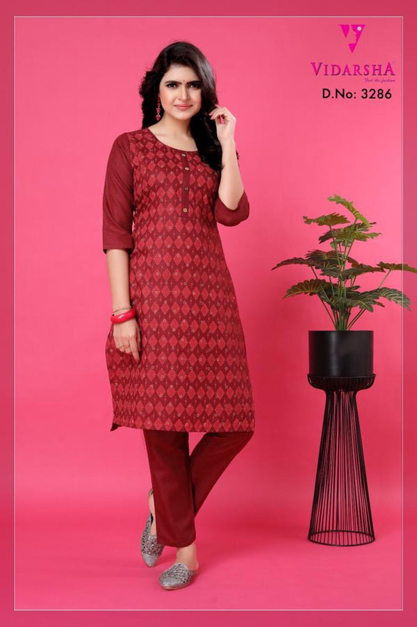 Women's Red Color Cotton Straight Kurti Set with Trouser 3286