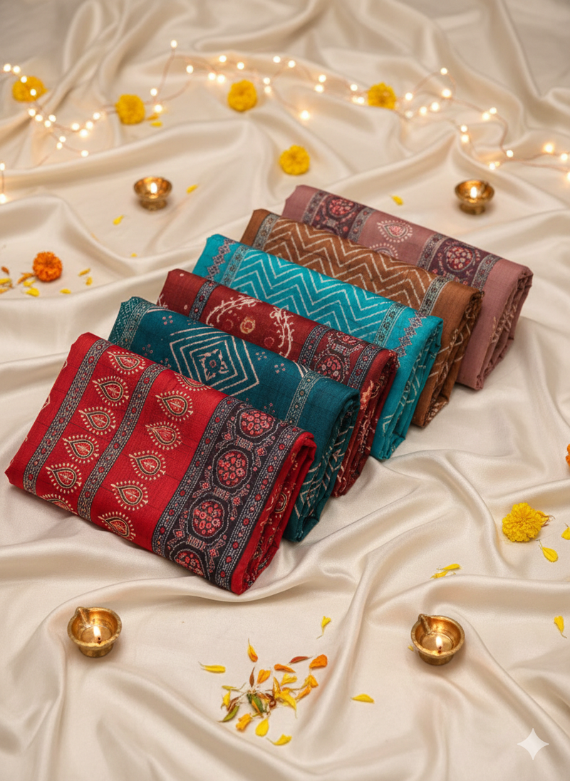 Hand-Embroidered Cotton Floral prints Katha Saree with Blouse