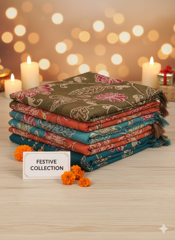 Hand-Embroidered Linen Cotton Floral prints Katha Saree with Blouse